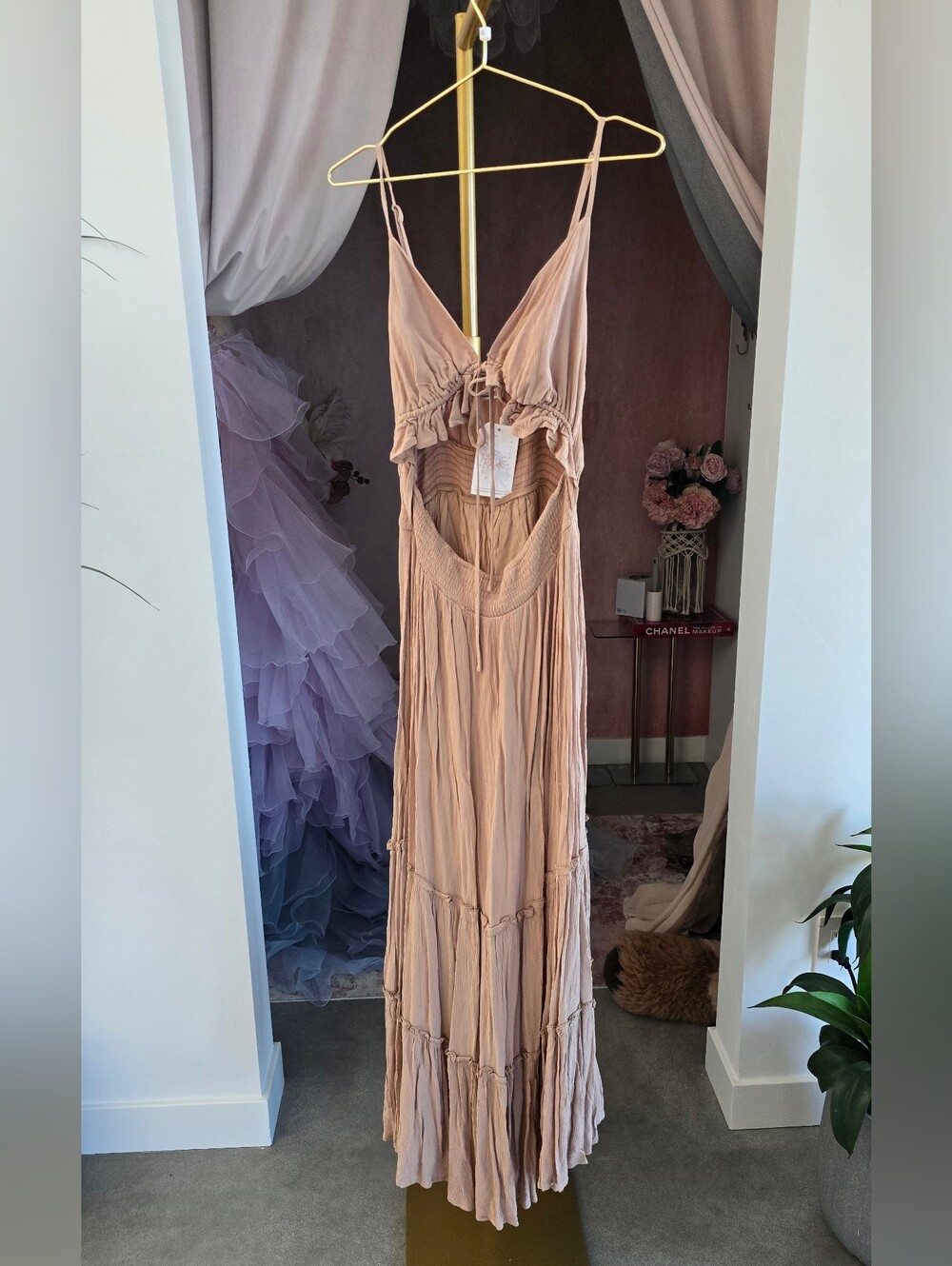 Beige Cutout Maxi Dress with Ruffle Detail